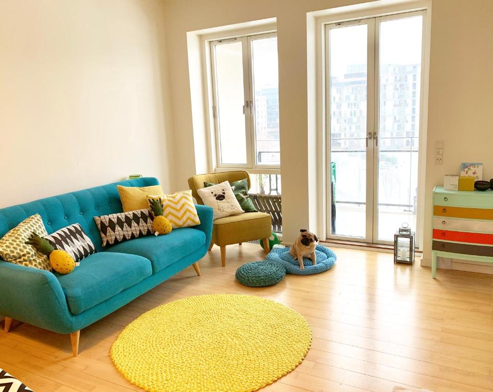 哥本哈根Cute Pug Guest Room的客厅配有蓝色的沙发,地毯上有一只狗