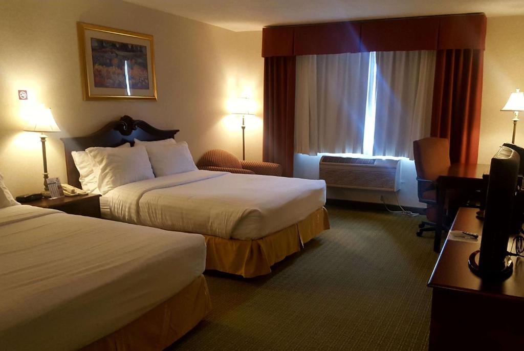 Belen贝伦智选假日酒店的酒店客房设有两张床和窗户。
