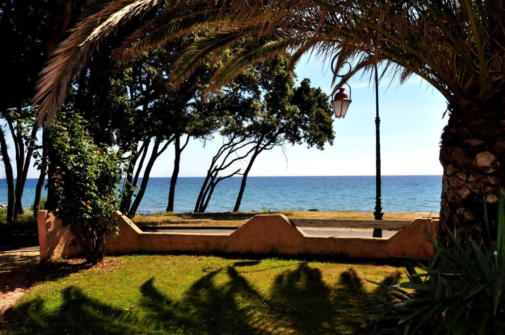 圣玛丽亚波焦索尔埃迈尔公寓式酒店的棕榈树和街道灯与海洋