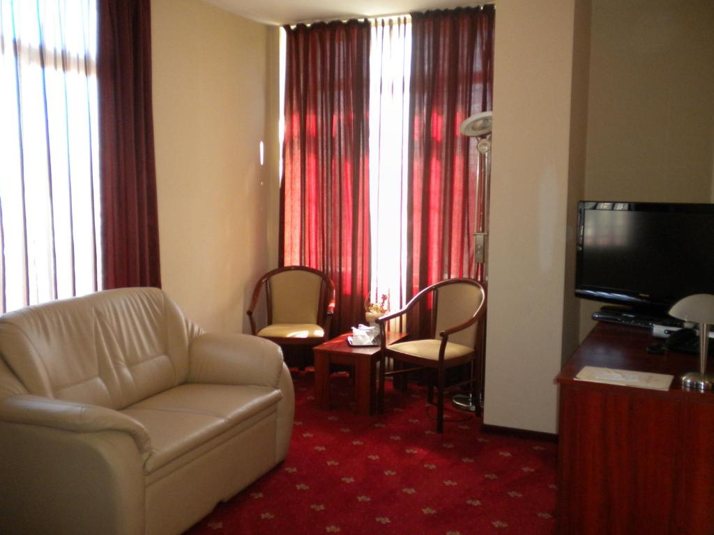 克卢日-纳波卡阿雷酒店的带沙发和电视的客厅