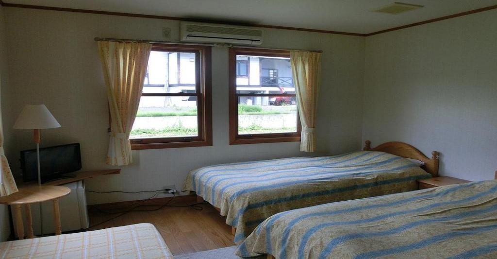 南鱼沼市Pension Come Relaxing Western-style room- Vacation STAY 14977的一间卧室设有两张床、一台电视和两个窗户。