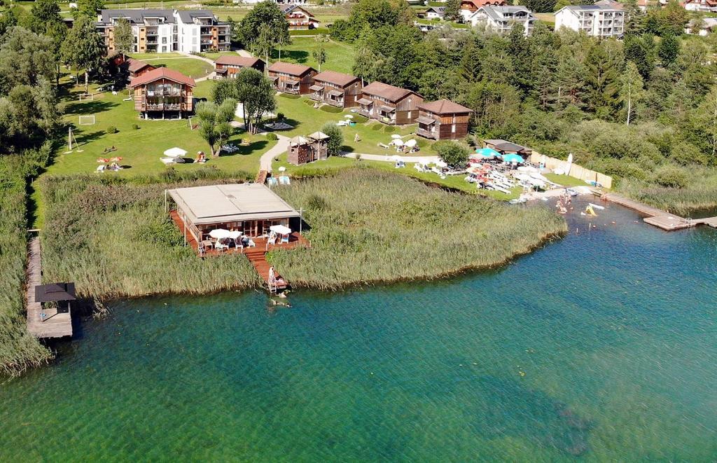 黑马戈尔Lake Resort Pressegger See的水面上岛上房屋的空中景观