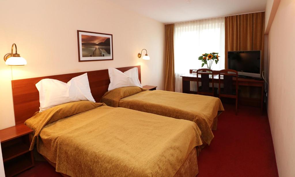 露米雅Hotel Adria的酒店客房设有两张床和电视。