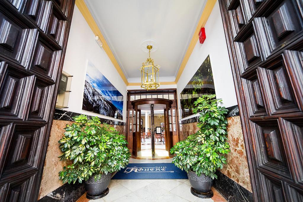 拉拉古纳Hotel Aguere的两株盆栽植物的建筑物入口