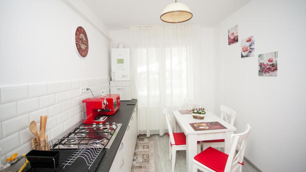特尔古穆列什Apartament Elena的厨房配有炉灶和小桌子。