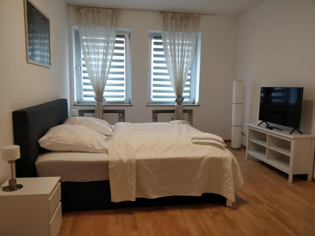 杜塞尔多夫Aparthouse Graf-Adolf的一间卧室设有一张床、一台电视和两个窗户。