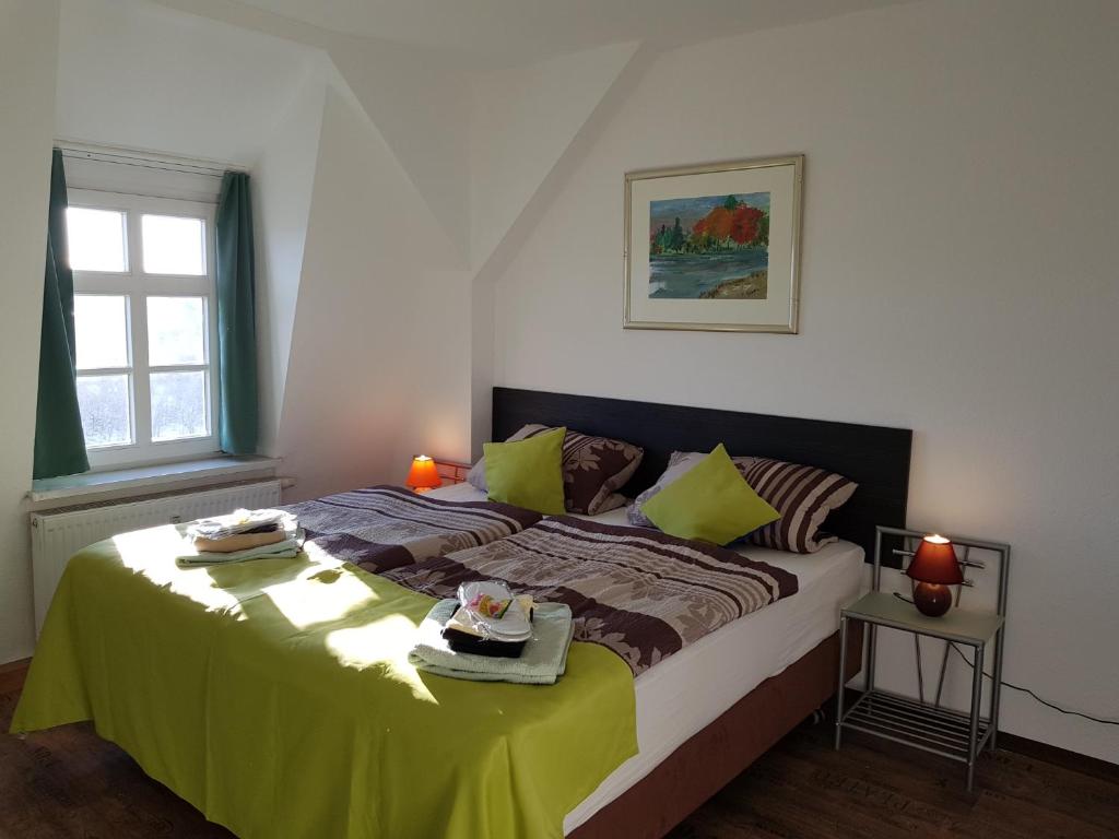 赖兴巴伊姆福格特兰Apartments Vogtlandblick的一间卧室配有一张带黄色毯子的大床