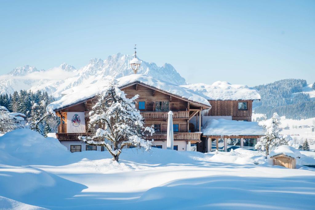 菲伯布伦Hotel Chalets Grosslehen的山中雪地小木屋