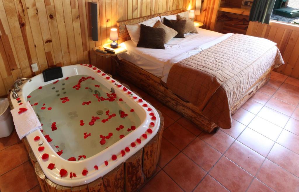 巴耶德布拉沃Cabañas El Estribo Hotel的一间卧室配有一张床和一个玫瑰浴缸
