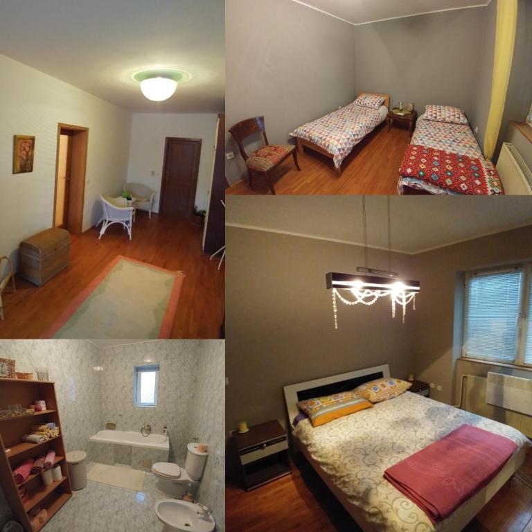 松博尔Apartmani Jela的一张带两张床和一间浴室的房间的三张照片