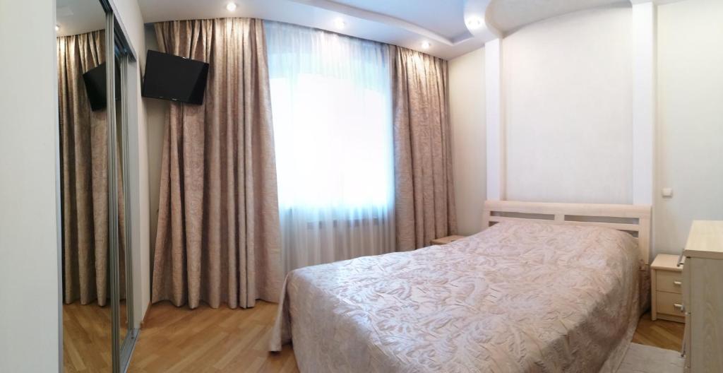 罗夫诺Big Apartment in Rivne center的一间卧室设有一张床和一个大窗户