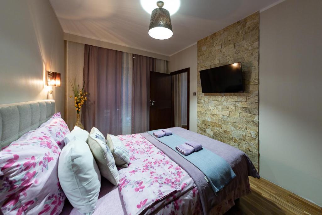 卡托维兹Apartament MODERNA Francuska Park的一间卧室配有一张床和一台平面电视