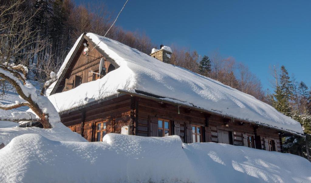 什切尔克Malinowa 6 - Domek w Szczyrku z sauną i balią - płatne dodatkowo的小木屋,屋顶上积雪