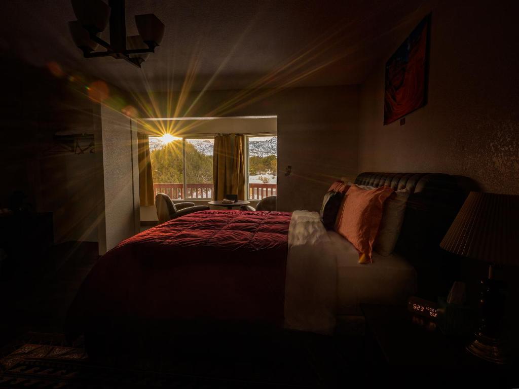 特罗皮克Bryce Trails Bed and Breakfast的一间设有床和窗户的深色卧室