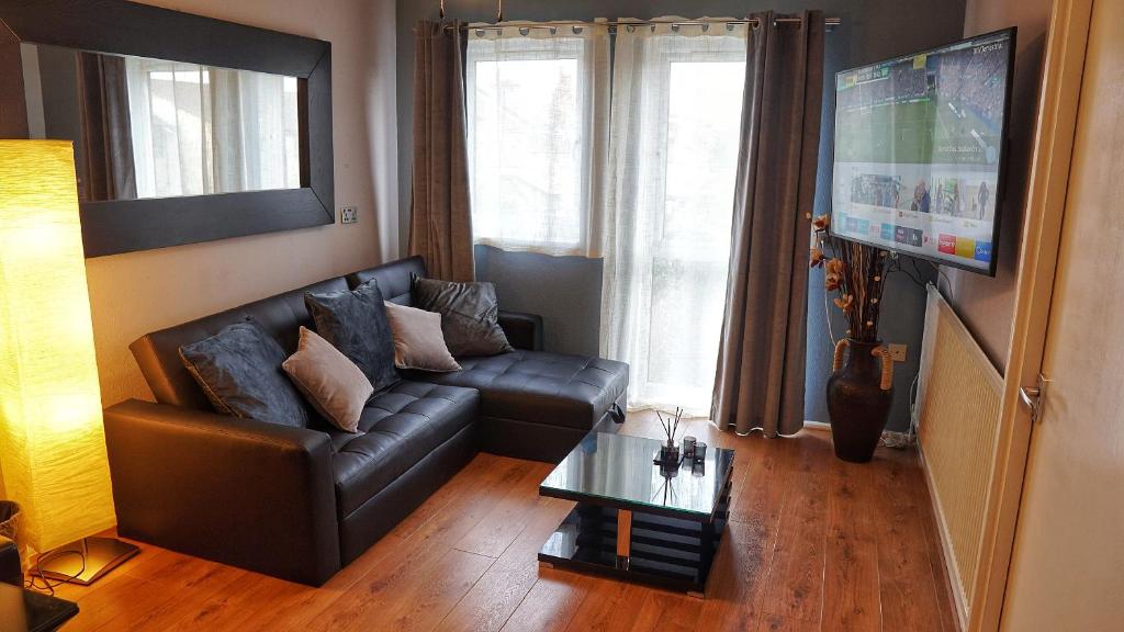 埃德蒙顿North London Apartment - Edmonton的客厅配有真皮沙发和电视