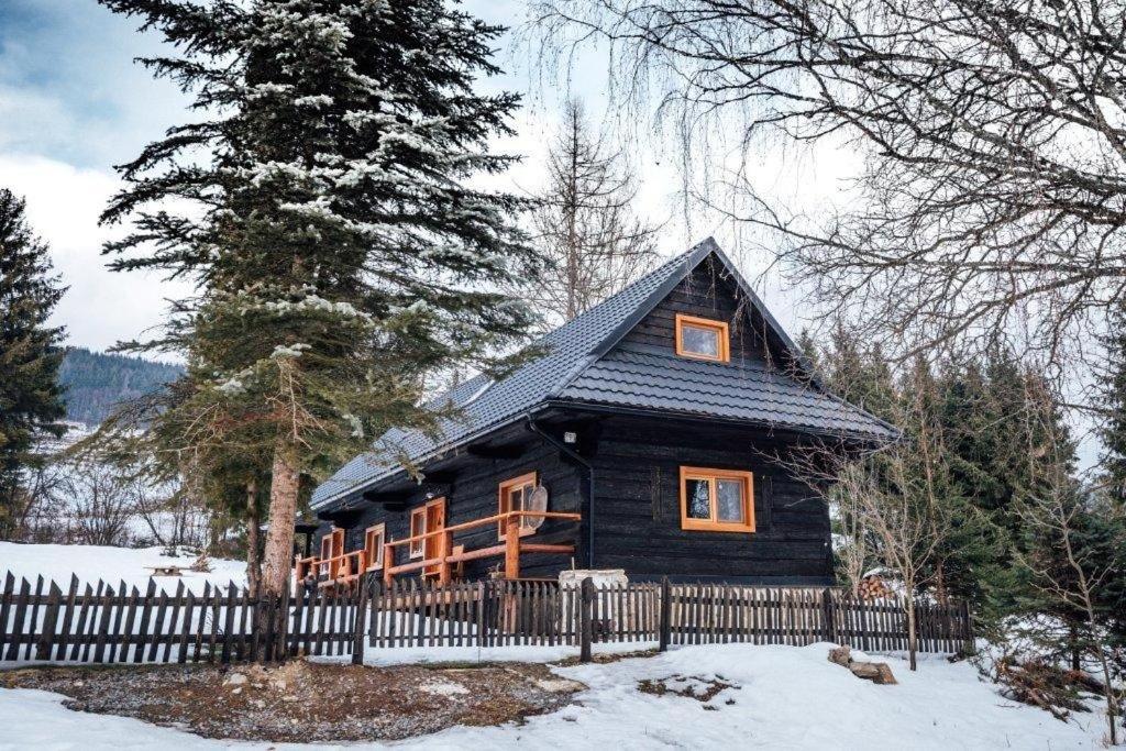 Bravačovchalupa matko a kubko的雪地小木屋,带栅栏