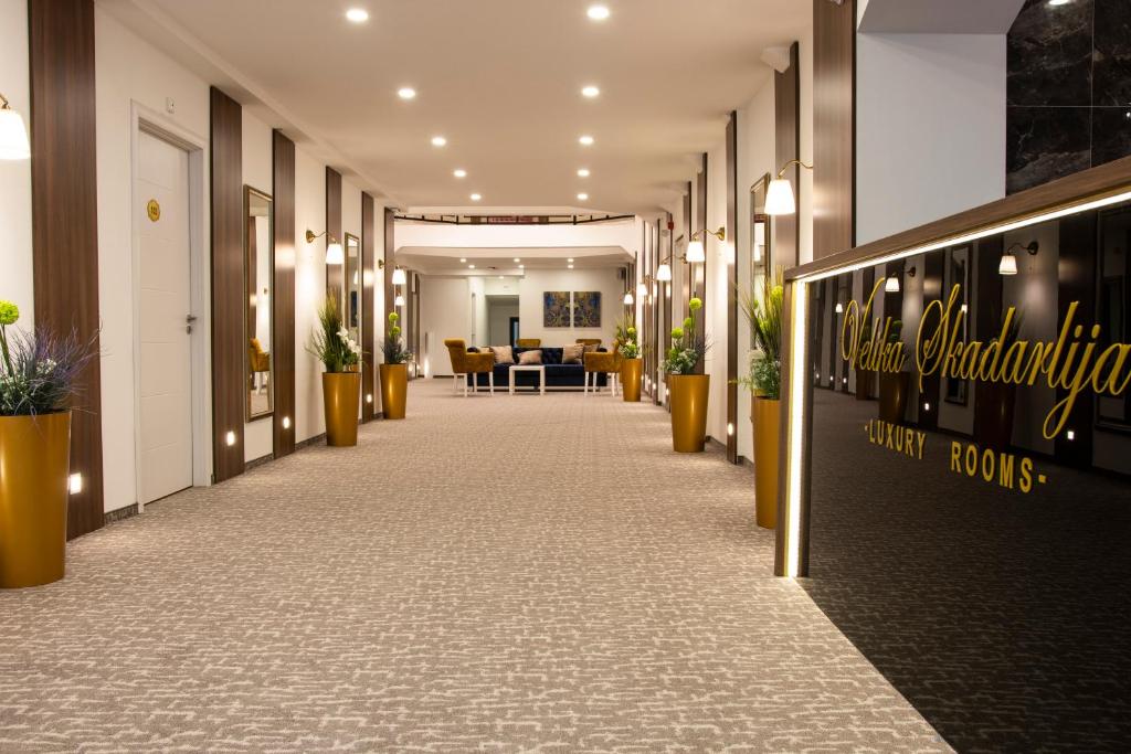 贝尔格莱德Luxury Rooms Skadarlija的走廊上设有盆栽的办公走廊