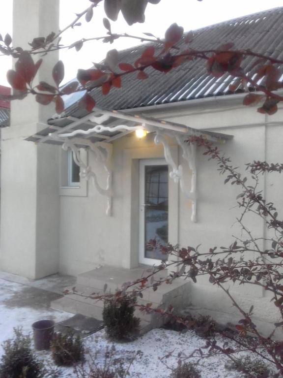 波恰耶夫Гостьовий дім у Почаєві的白色的房子,有窗户和一棵树