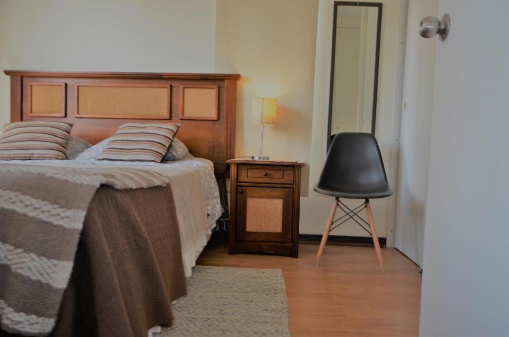 圣地亚哥阿莫布拉多斯和平公寓酒店的一间卧室配有一张床、一把椅子和一张桌子