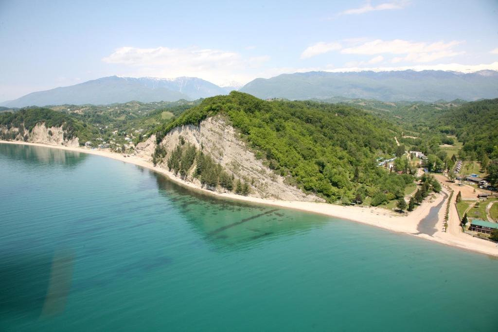 皮聪达Золотая Бухта База отдыха的享有树木和水面海滩的空中景致