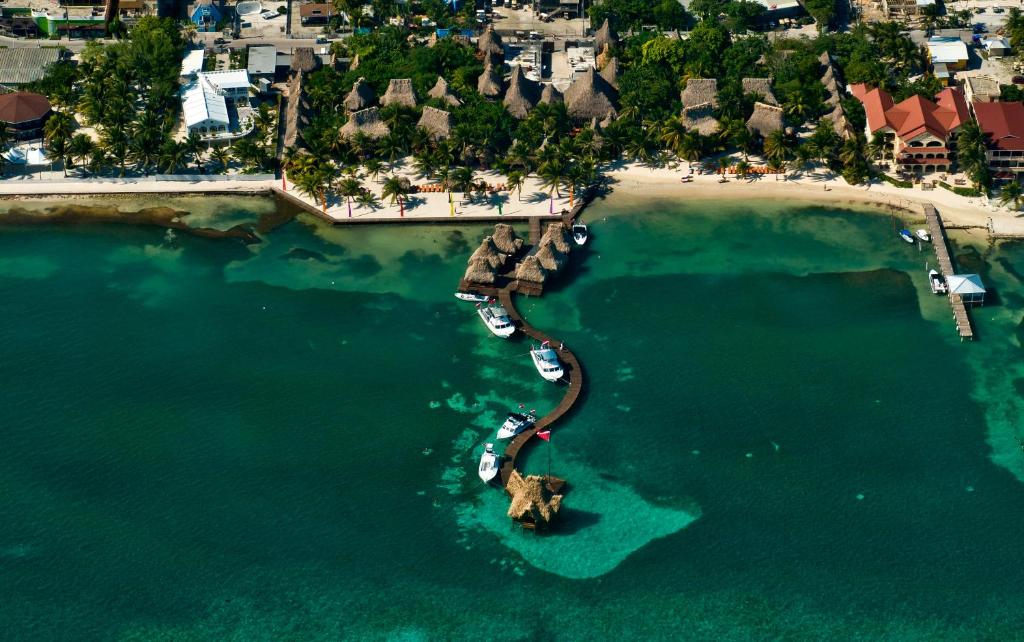 圣佩德罗Ramon's Village Resort的享有海滩的空中景色,在水中划船