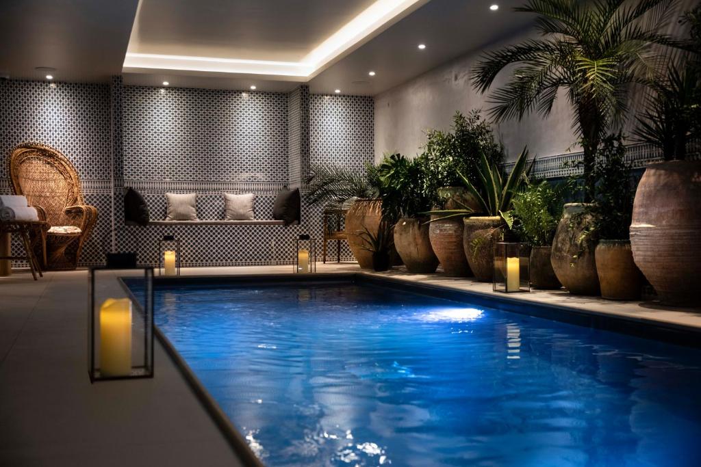 巴黎蒙特克里斯托酒店的盆栽室里的游泳池