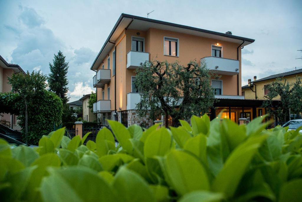 西尔米奥奈费奥达里索酒店的前景绿色植物背景中的建筑
