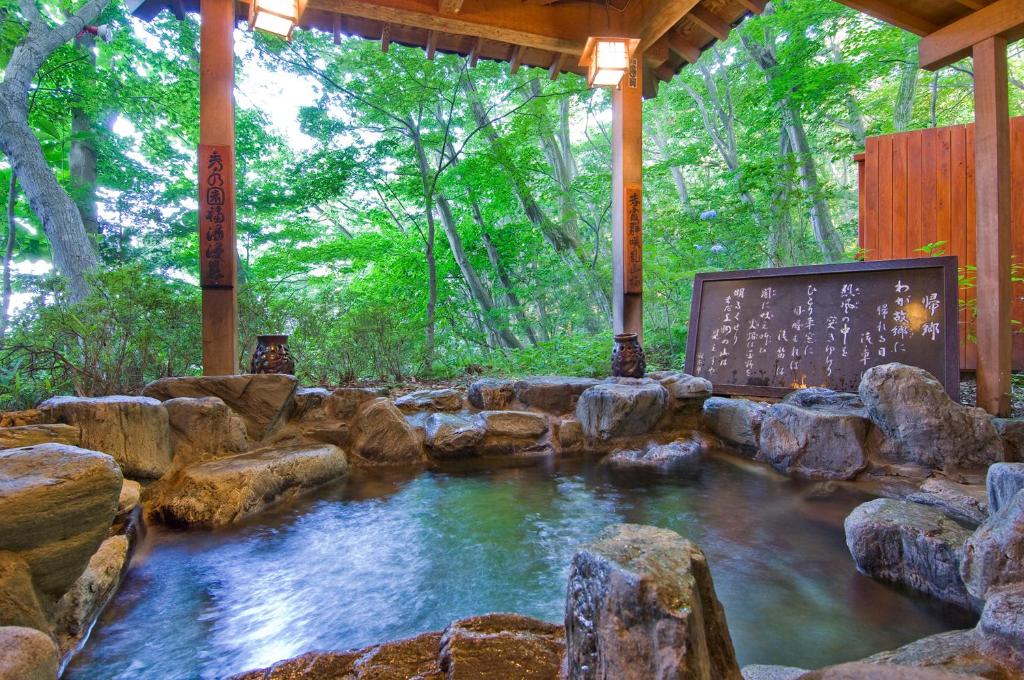 涩川市伊香保秀水园日式旅馆的一片种满岩石和树木的海水