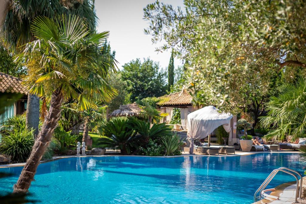 阿菲托斯Achtis Hotel的一座房子旁的游泳池,里面种着棕榈树