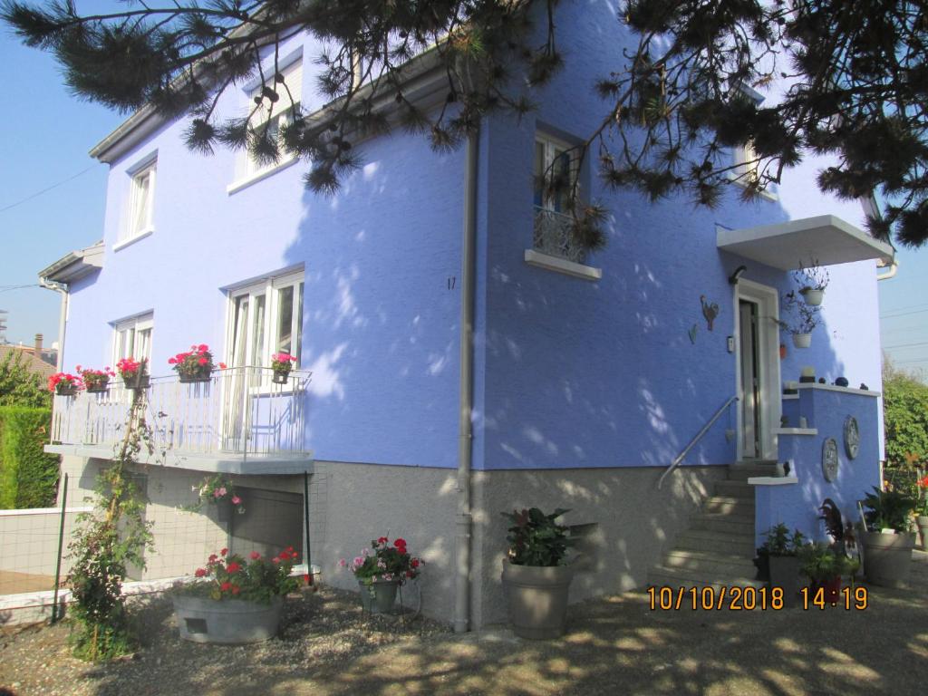 利戈尔塞姆Gîte du Coq的阳台的蓝色房子,鲜花盛开