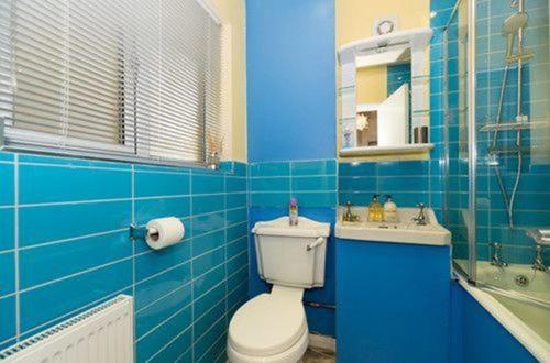伦敦TDM Bachelot Lettings Ltd的蓝色瓷砖浴室设有卫生间和水槽