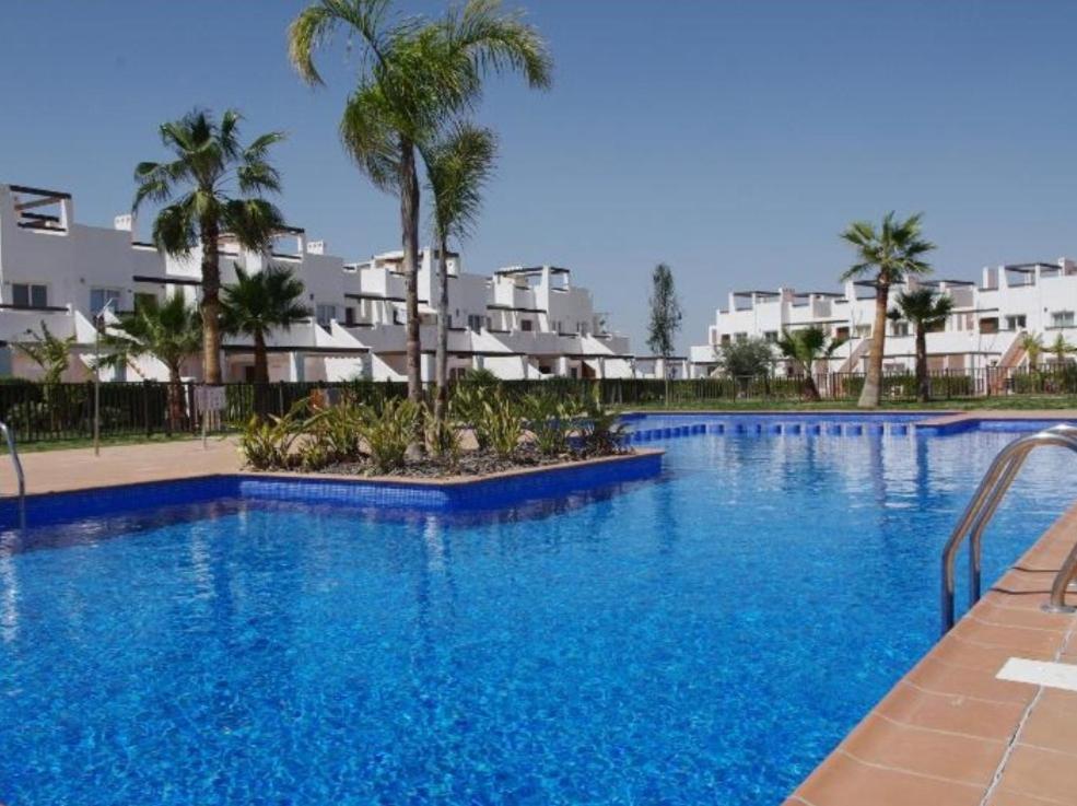 阿尔阿马德穆尔西亚Condado de Alhama Apartment的一座种植了棕榈树和建筑的大型蓝色游泳池