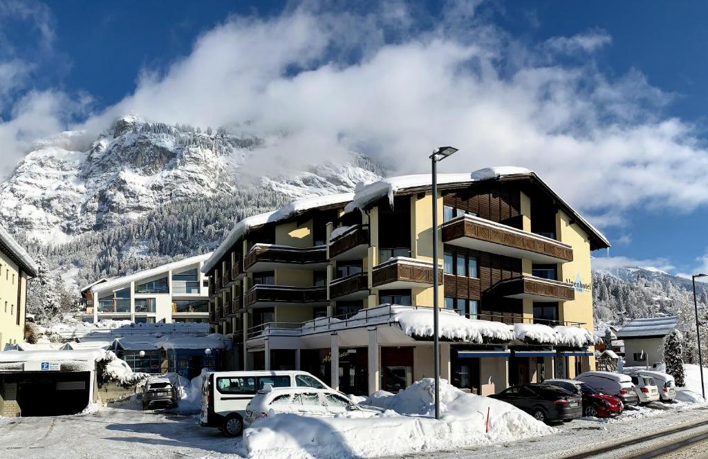 弗利姆斯T3 Alpenhotel Flims的一座有雪覆盖的山的建筑