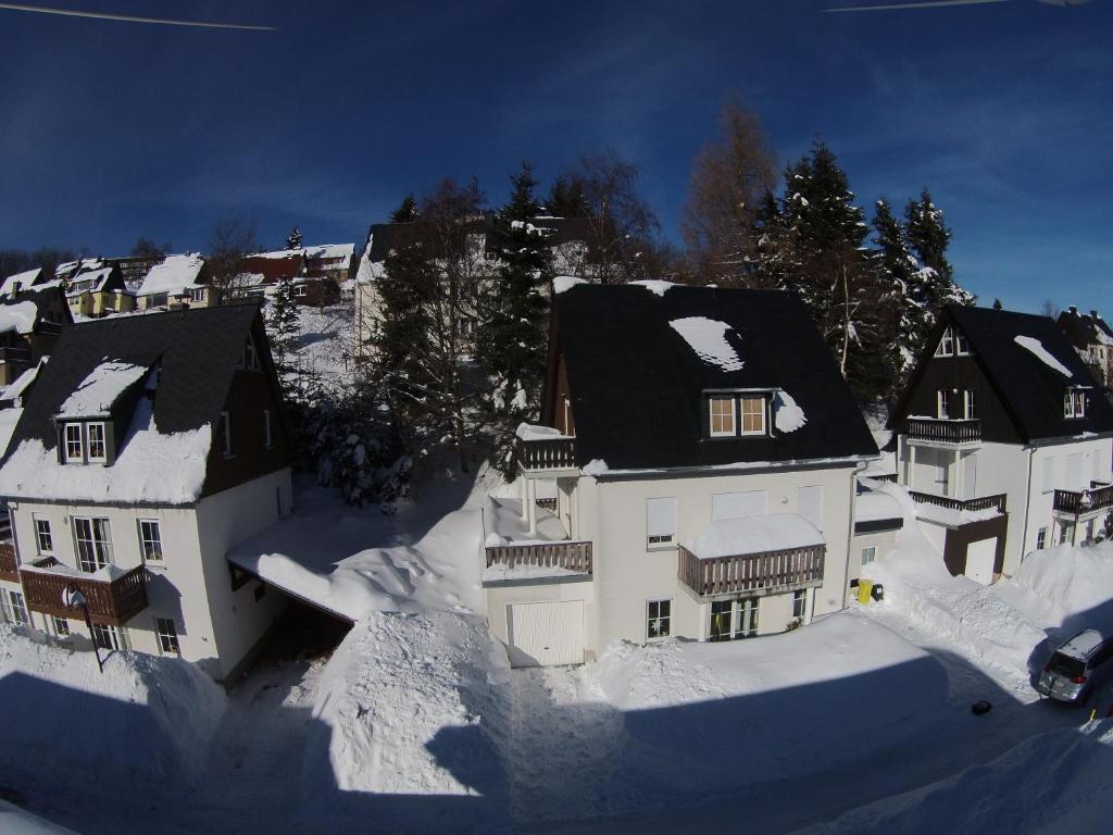 奥泊维森塔尔Ferienwohnung Häckel的雪覆盖的一群房子