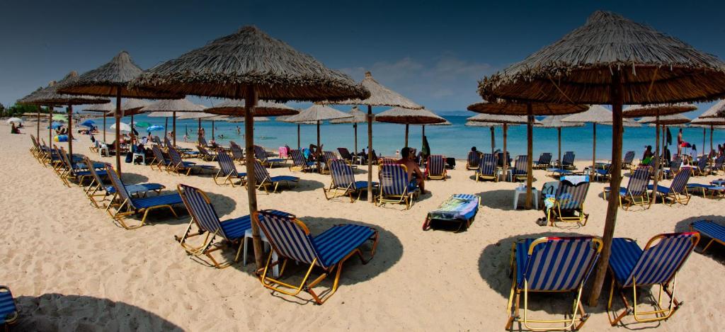 尼坡帝金沙滩酒店的沙滩上,有椅子和遮阳伞,还有大海