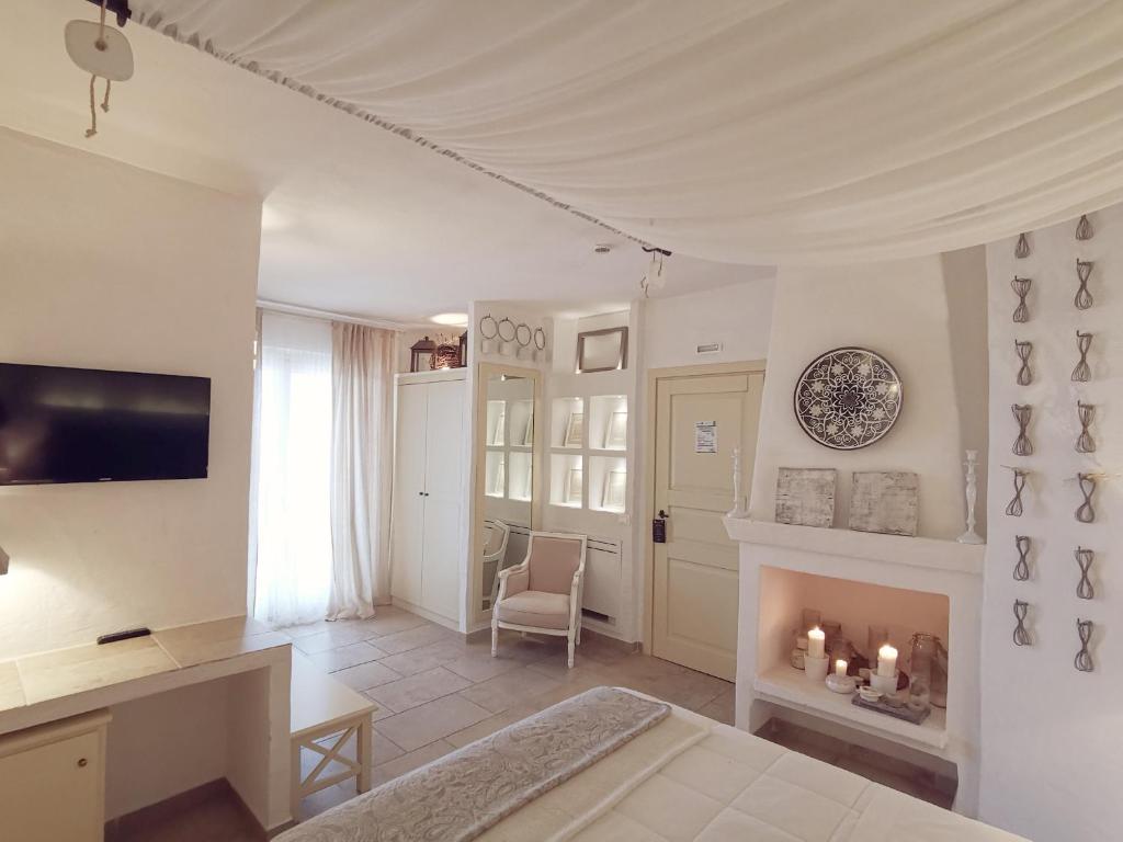 卢切拉Le Nicchie Guest House的客厅设有一张床和一个壁炉