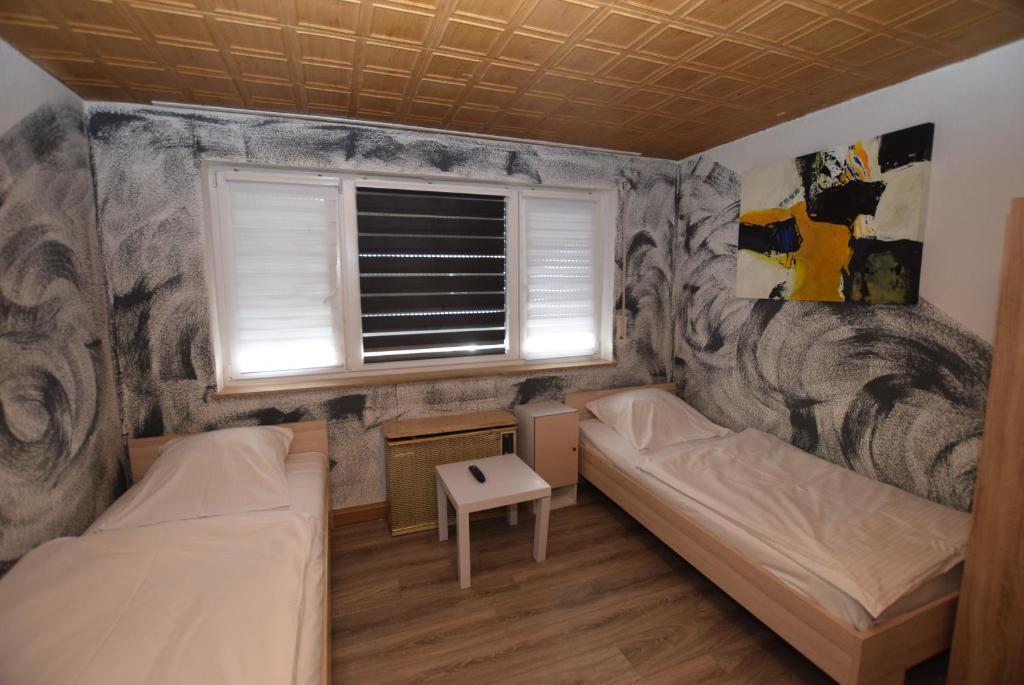斯图加特Stuttgart Bad Cannstatt的一间卧室设有两张床和窗户。