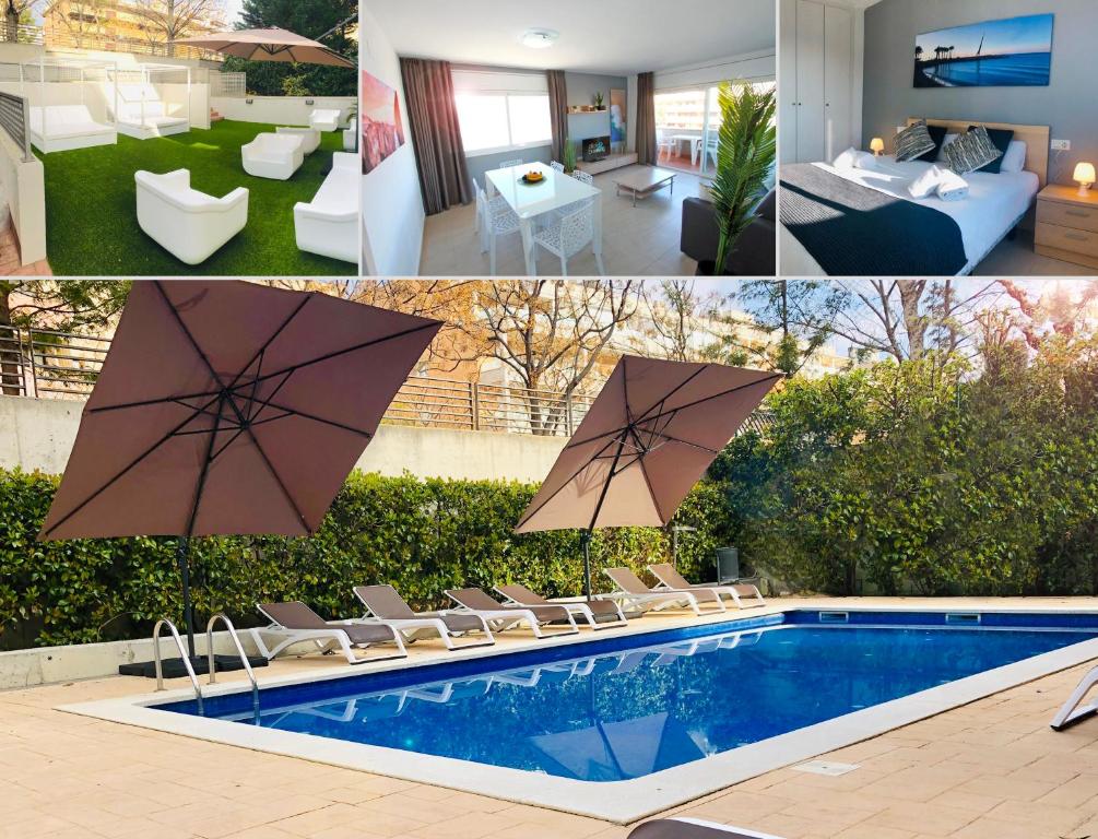 萨洛Salou Med Apartamentos的一张带遮阳伞的游泳池的四张照片拼贴