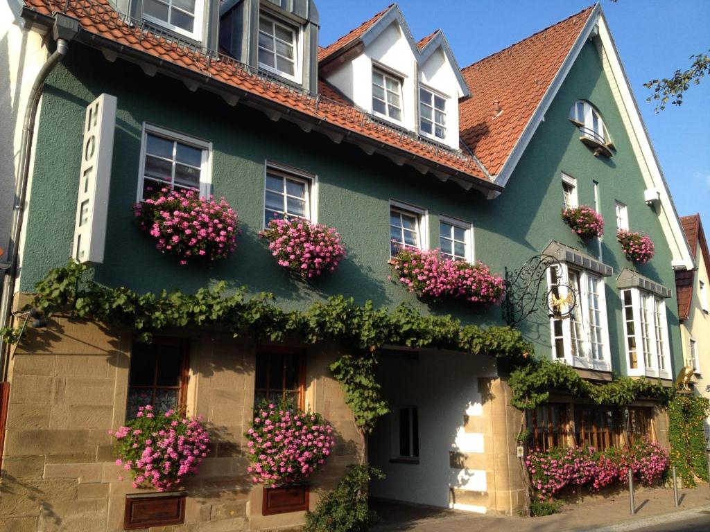 Botenheim阿德勒博腾黑姆旅馆的鲜花盛开的绿色房子