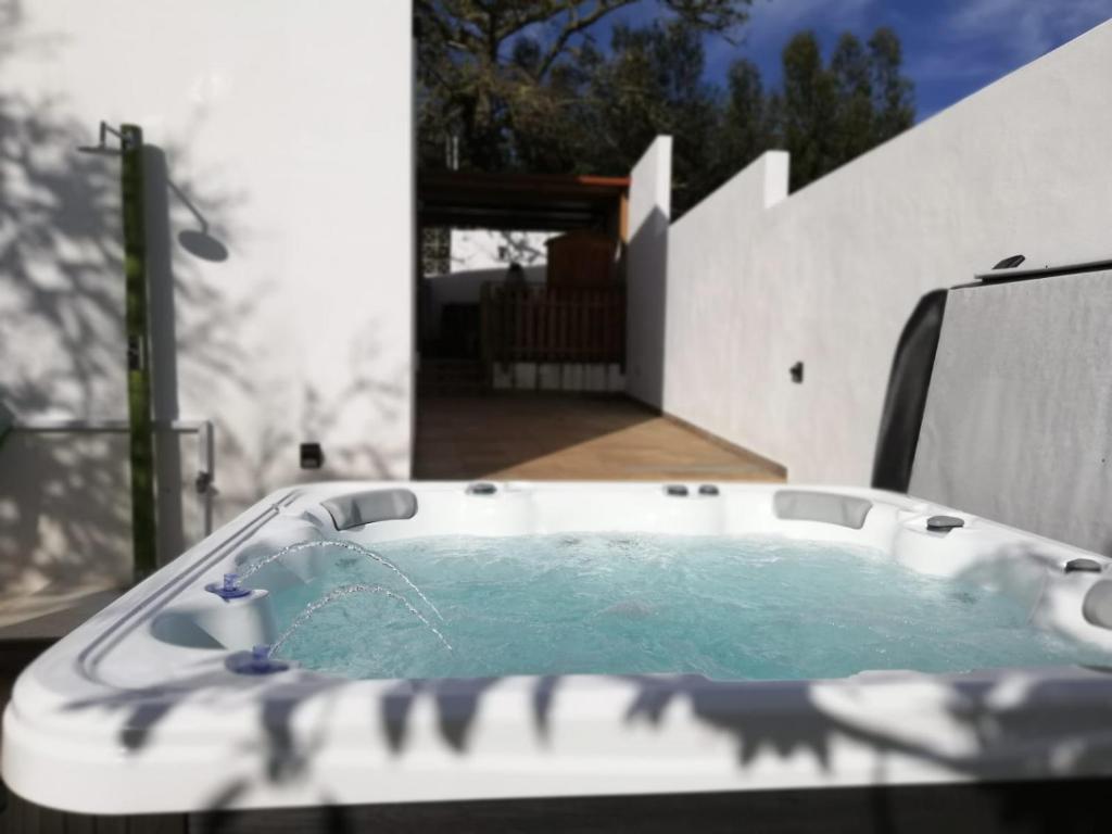 摩亚“Villa Nena” Rural Chill Out House的房屋后院的按摩浴缸