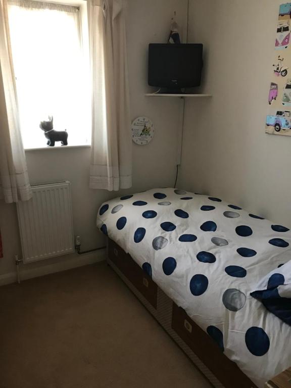 南安普敦J8 m27的一间卧室配有一张带波卡圆点床单的床