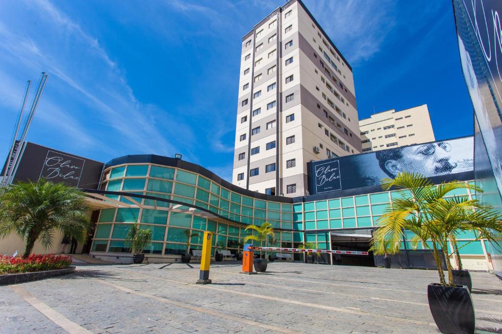 陶巴特Olavo Bilac Hotel的一座棕榈树环绕的大建筑