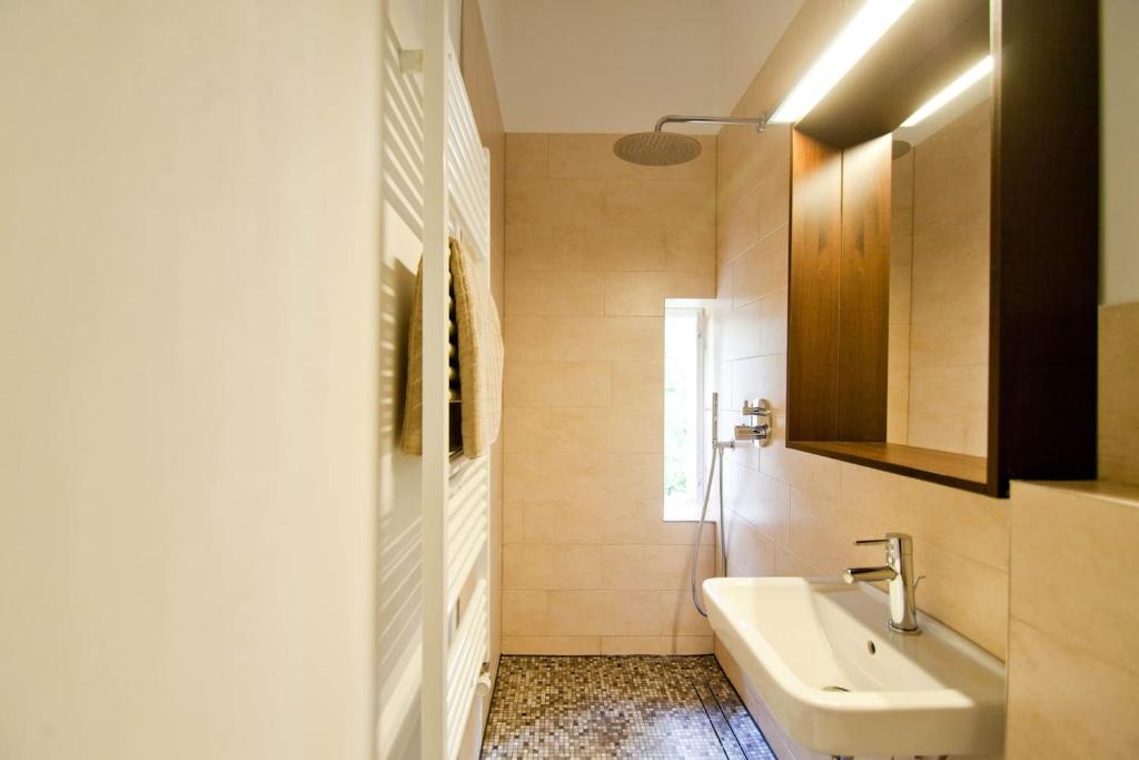 柏林Magnificent turn of century flat (legal)的一间带水槽、卫生间和镜子的浴室