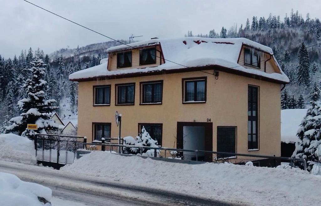 乌伊索维Pokoje Gościnne的上面有雪的房子