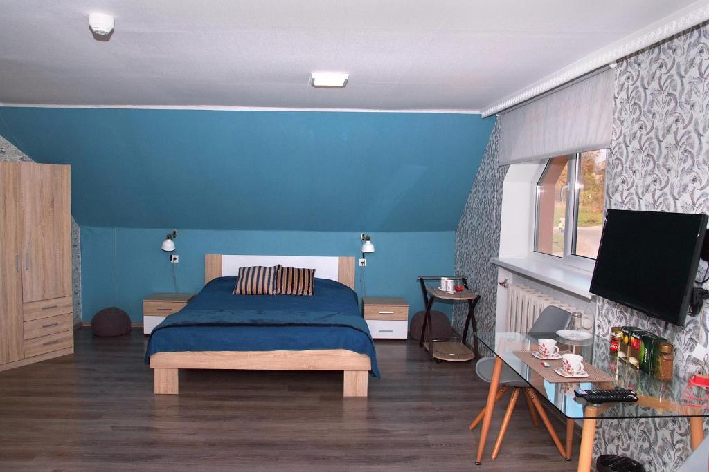 叶卡布皮尔斯Central Riverside Apartments的蓝色卧室配有床和平面电视