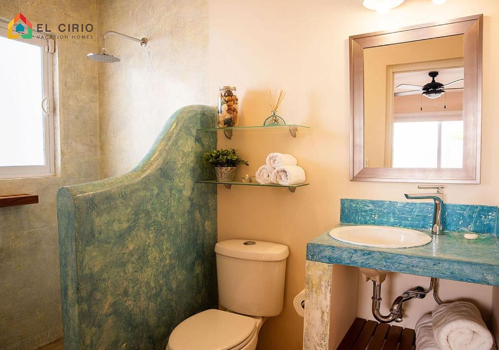 拉巴斯Casa Oasis的一间带水槽、卫生间和镜子的浴室