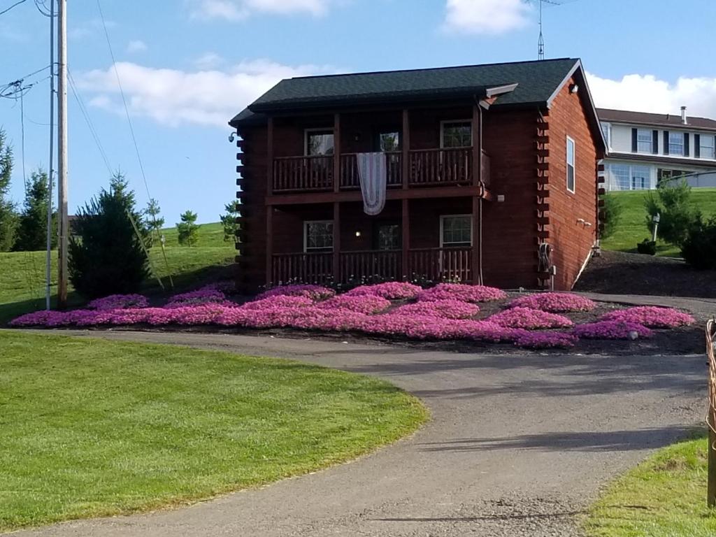 米勒斯堡Amish Blessings Cabins的前面有粉红色花的房子