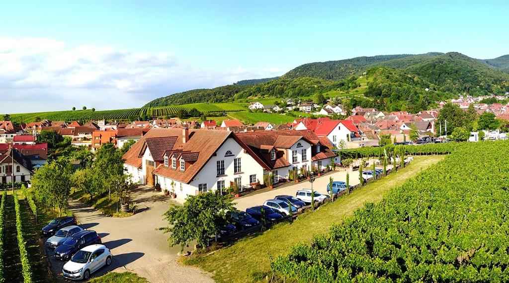 圣马丁Das Landhotel Weingut Gernert的享有小村庄空中景色,设有停车位