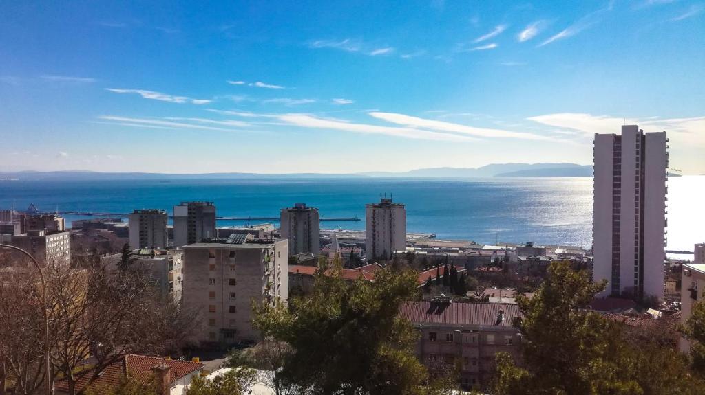 里耶卡Sea and mountain的城市的背景海景