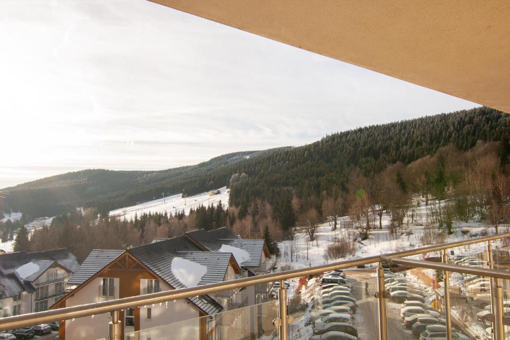 西恩纳Apartament 21 Czarna Góra的从阳台上可欣赏到滑雪胜地的景色
